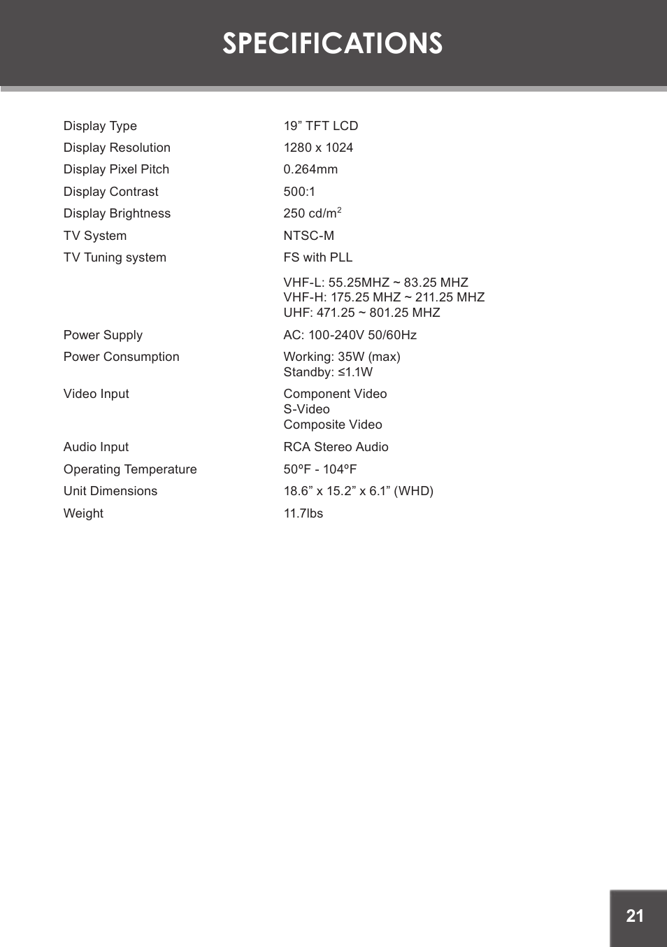 Specifications | COBY electronic TF-TV1901 User Manual | Page 21 / 24