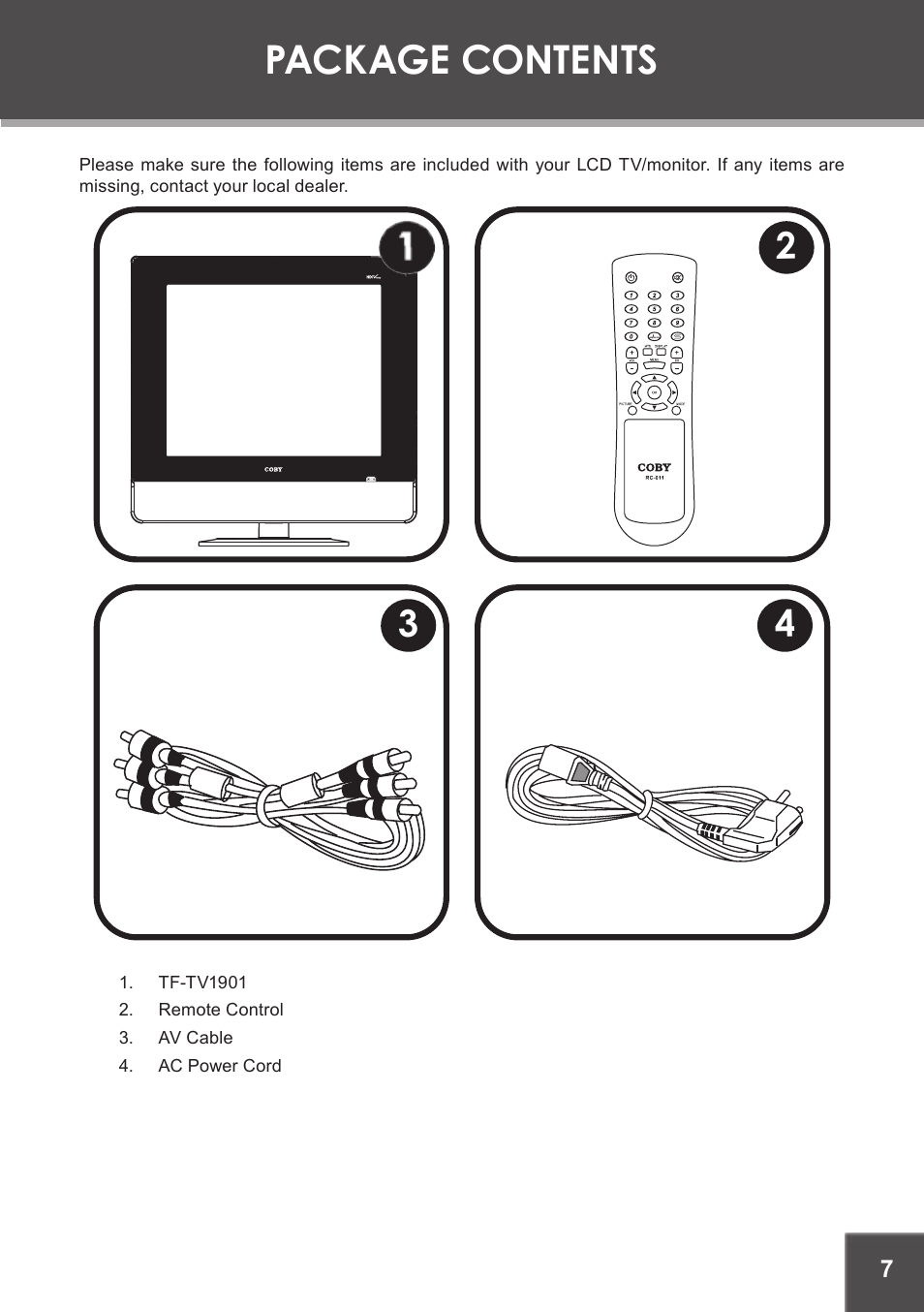 Package contents | COBY electronic TF-TV1901 User Manual | Page 7 / 24