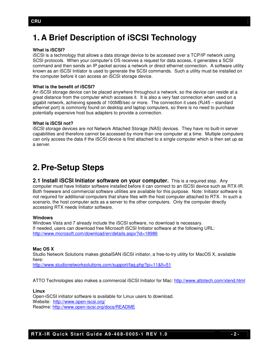 A brief description of iscsi technology, Pre-setup steps | CRU RTX410-IR User Manual | Page 2 / 13