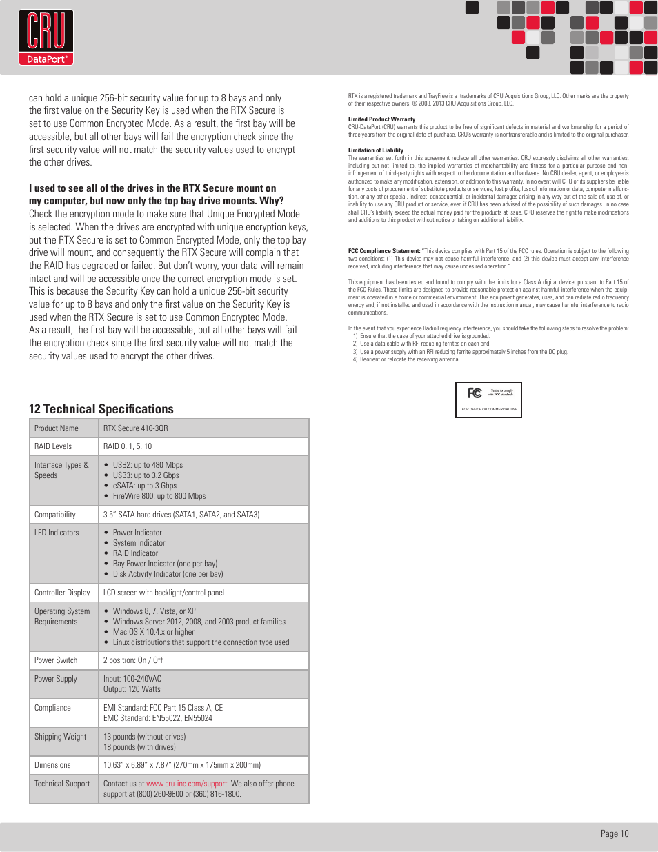 Rtx220 qr - manual, 12 technical specifications | CRU RTX Secure 410-3QR User Manual | Page 10 / 10
