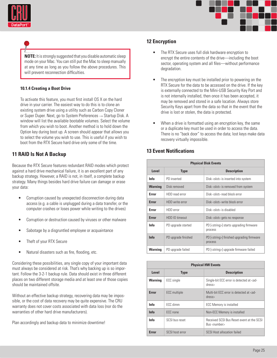 Rtx220 qr - manual, 11 raid is not a backup, 12 encryption | 13 event notifications | CRU RTX Secure 610-IR User Manual | Page 25 / 31