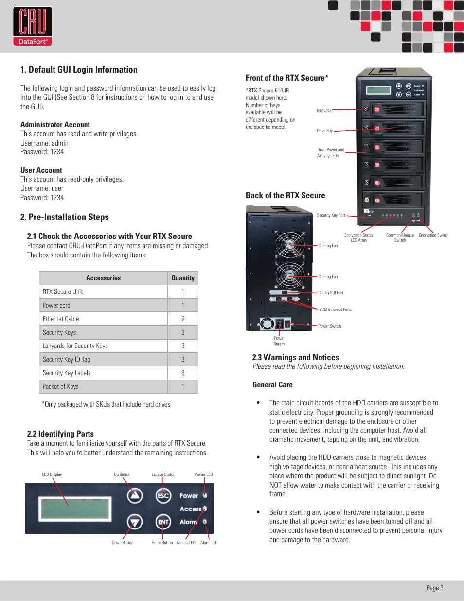 Rtx220 qr - manual, Default gui login information, Pre-installation steps | 3 warnings and notices, 1 check the accessories with your rtx secure, 2 identifying parts, Front of the rtx secure* back of the rtx secure | CRU RTX Secure 610-IR User Manual | Page 3 / 31