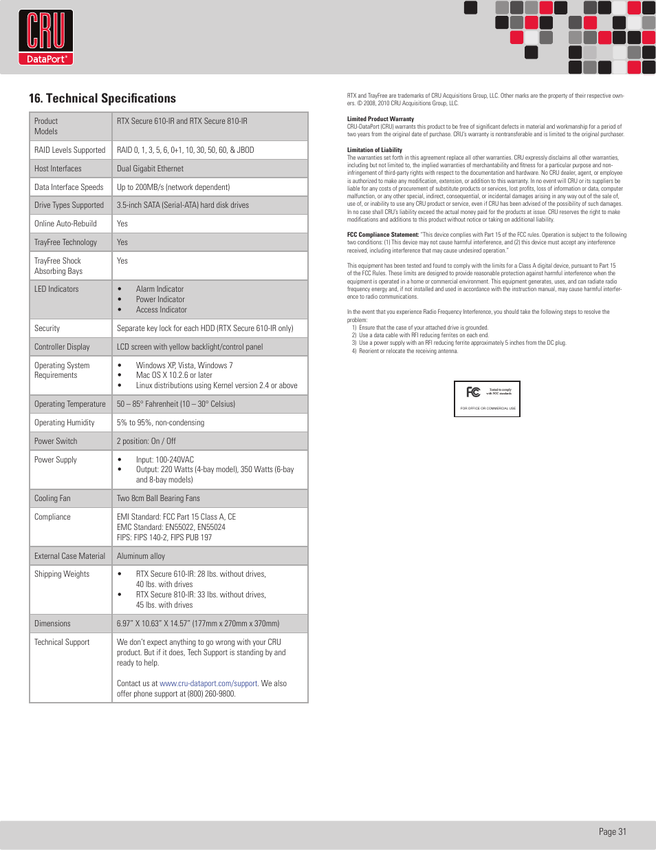 Rtx220 qr - manual, Technical specifications | CRU RTX Secure 610-IR User Manual | Page 31 / 31