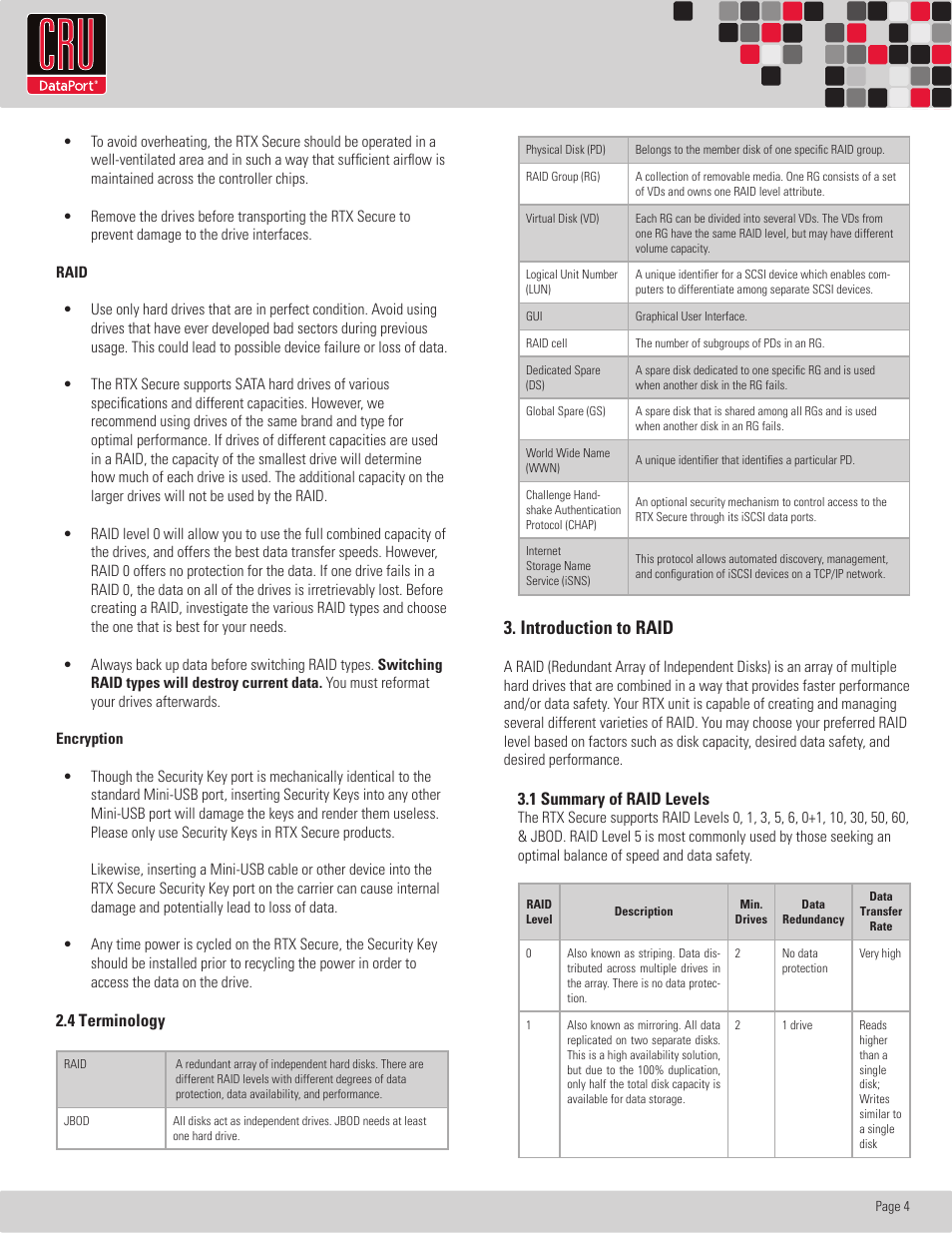 Rtx220 qr - manual, Introduction to raid, 4 terminology | 1 summary of raid levels | CRU RTX Secure 610-IR User Manual | Page 4 / 31