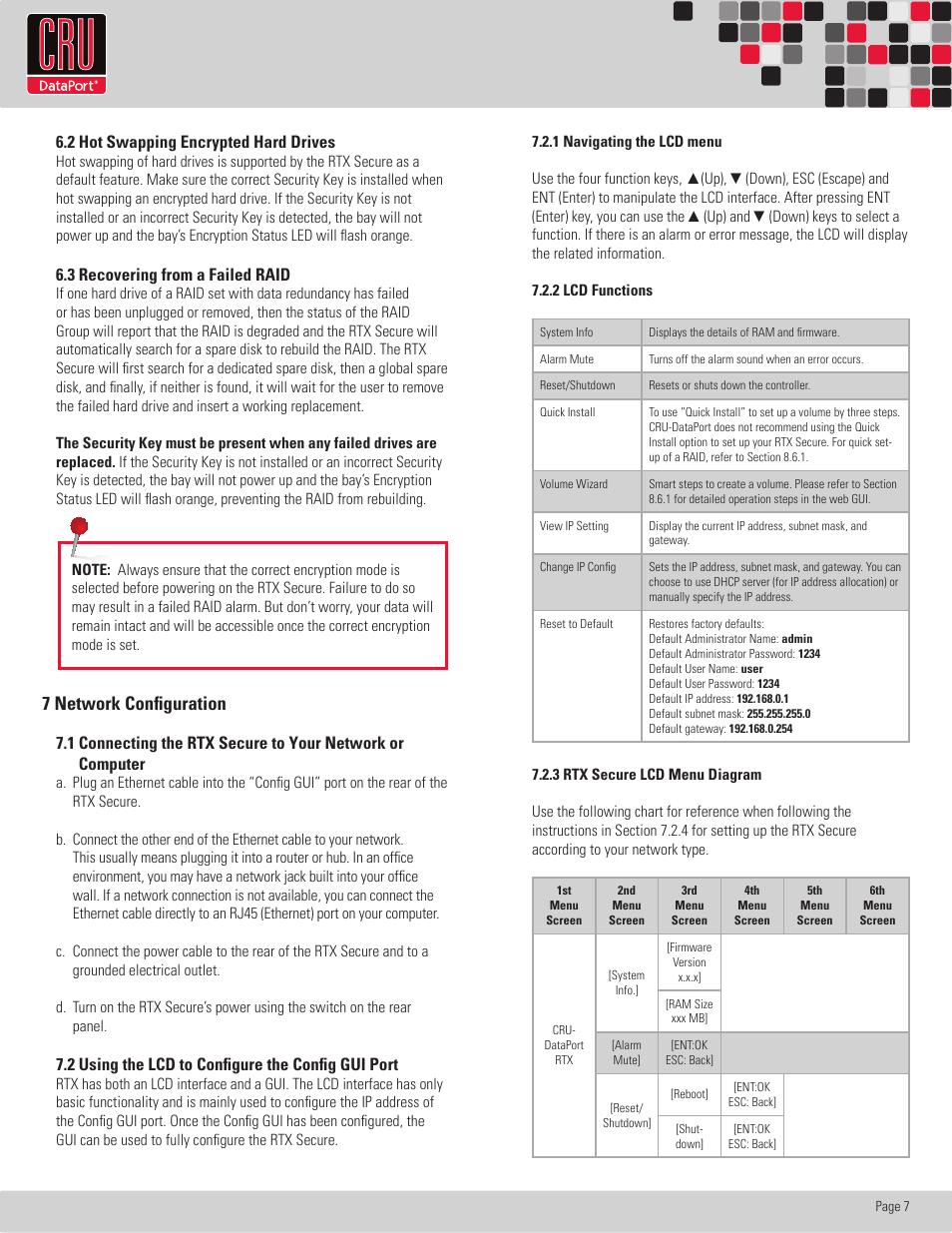 Rtx220 qr - manual, 7 network configuration, 2 hot swapping encrypted hard drives | 3 recovering from a failed raid, 2 using the lcd to configure the config gui port | CRU RTX Secure 610-IR User Manual | Page 7 / 31