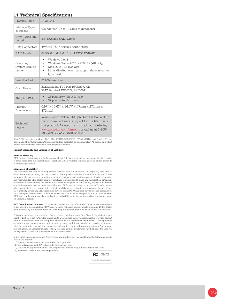 11 technical specifications | CRU RTX800-TR User Manual | Page 11 / 11