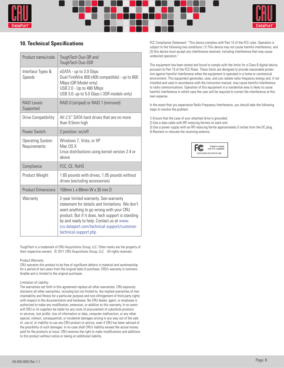 Technical specifications | CRU ToughTech Duo 3SR User Manual | Page 8 / 8