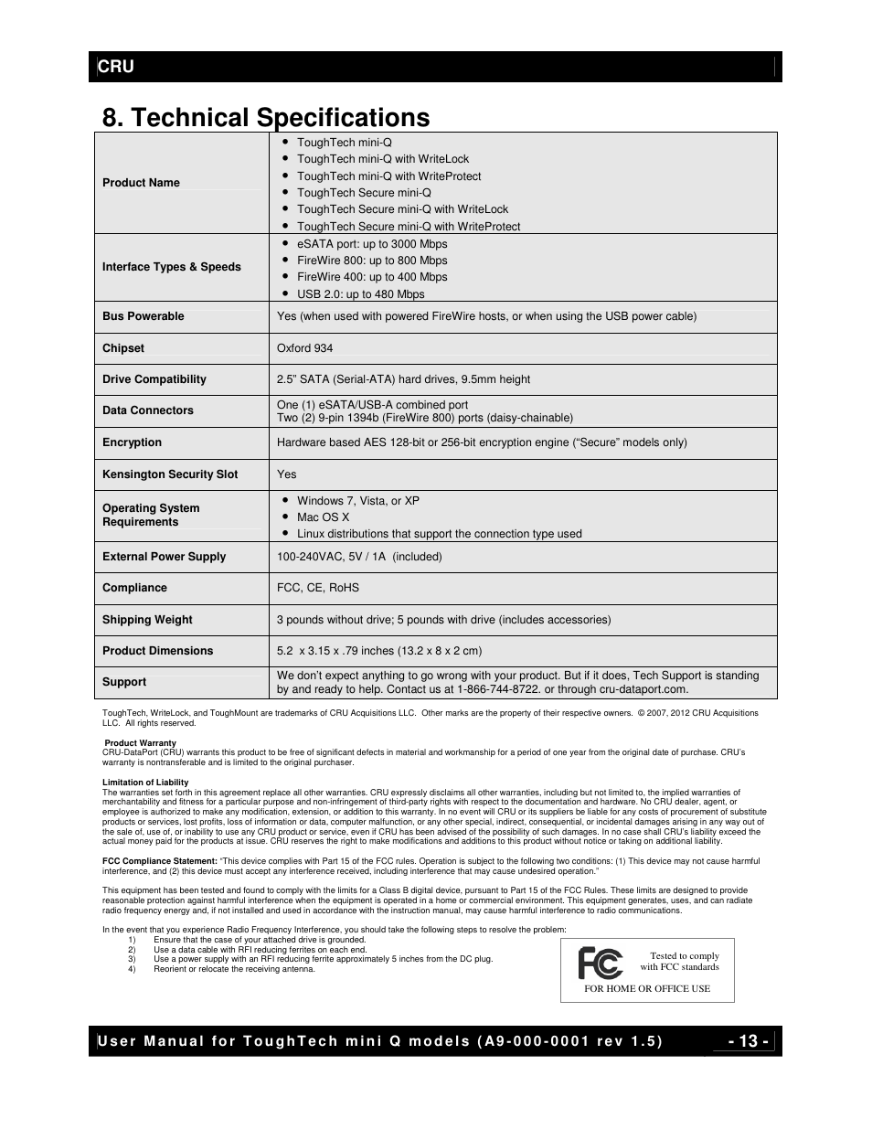 Technical specifications | CRU ToughTech Secure 128 mini-Q with WriteLock User Manual | Page 13 / 13