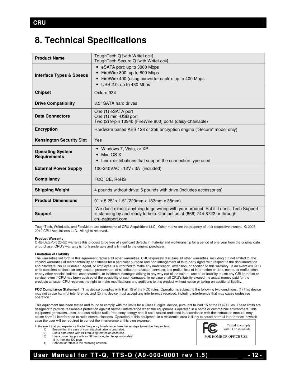 Technical specifications | CRU ToughTech Secure 128 Q User Manual | Page 12 / 12