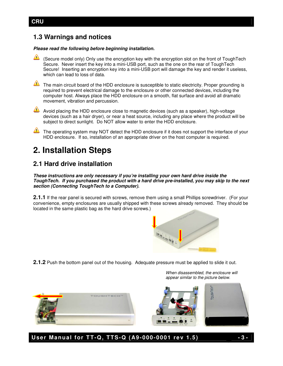 Installation steps, 3 warnings and notices, 1 hard drive installation | CRU ToughTech Secure 128 Q User Manual | Page 3 / 12