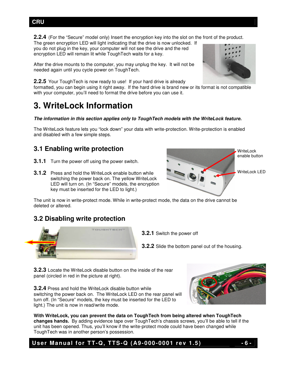 Writelock information, 1 enabling write protection, 2 disabling write protection | CRU ToughTech Secure 128 Q User Manual | Page 6 / 12