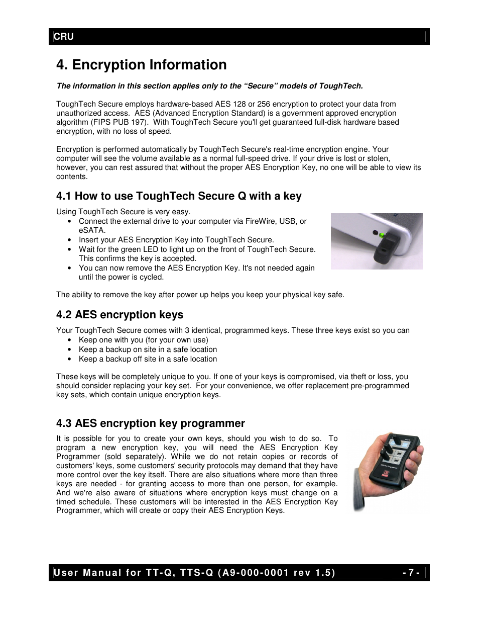 Encryption information, 1 how to use toughtech secure q with a key, 2 aes encryption keys | 3 aes encryption key programmer | CRU ToughTech Secure 128 Q User Manual | Page 7 / 12