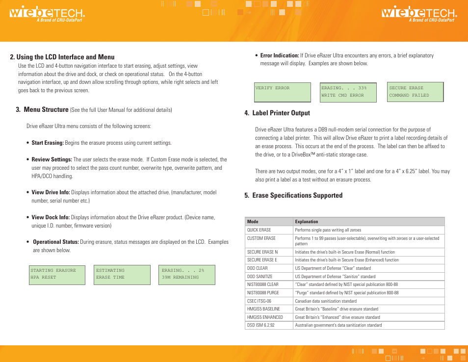 Label printer output, Menu structure | CRU Drive eRazer Ultra User Manual | Page 2 / 2