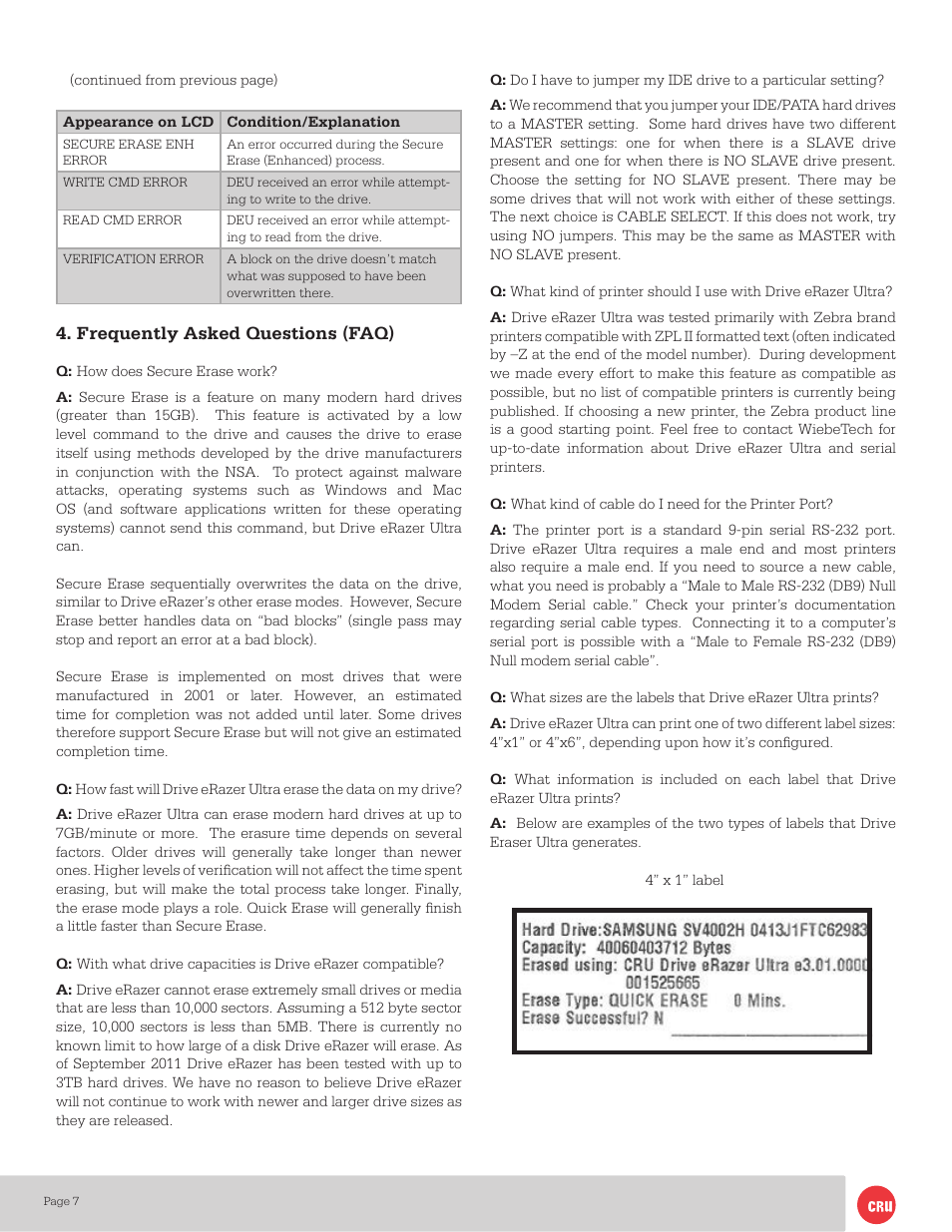 Frequently asked questions (faq) | CRU Drive eRazer Ultra User Manual | Page 7 / 9