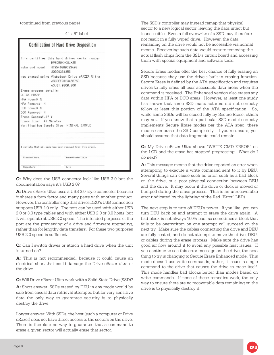 CRU Drive eRazer Ultra User Manual | Page 8 / 9