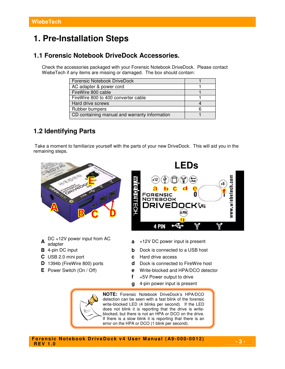 Leds, Pre-installation steps, 2 identifying parts | CRU Forensic Notebook DriveDock User Manual | Page 3 / 7