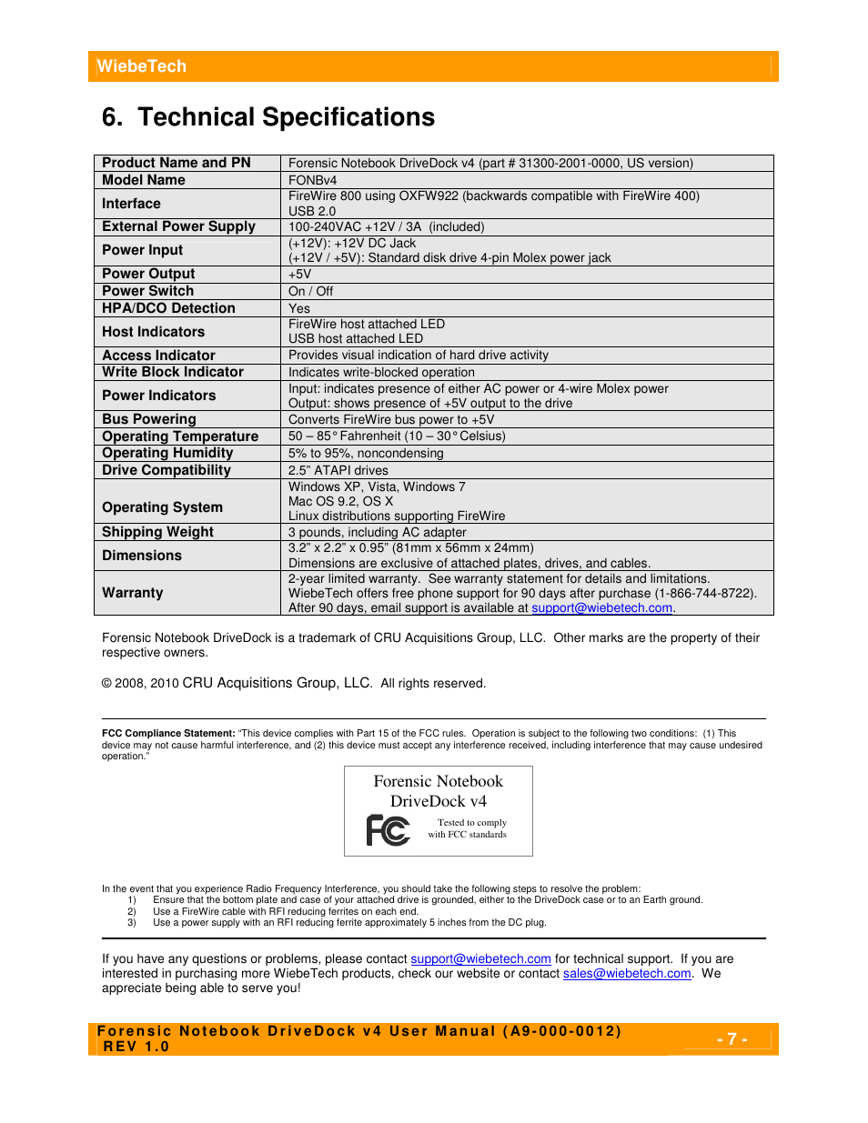 Technical specifications, Wiebetech | CRU Forensic Notebook DriveDock User Manual | Page 7 / 7