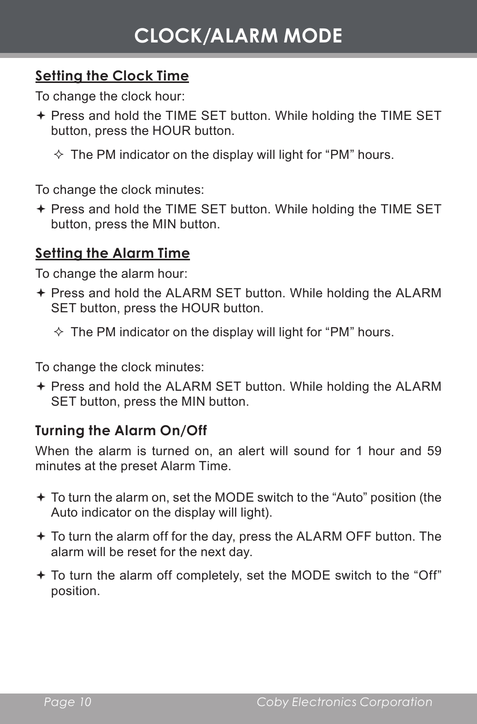 Clock/alarm mode, Setting the clock time, Setting the alarm time | Turning the alarm on/off | COBY electronic CR-A119 User Manual | Page 10 / 16