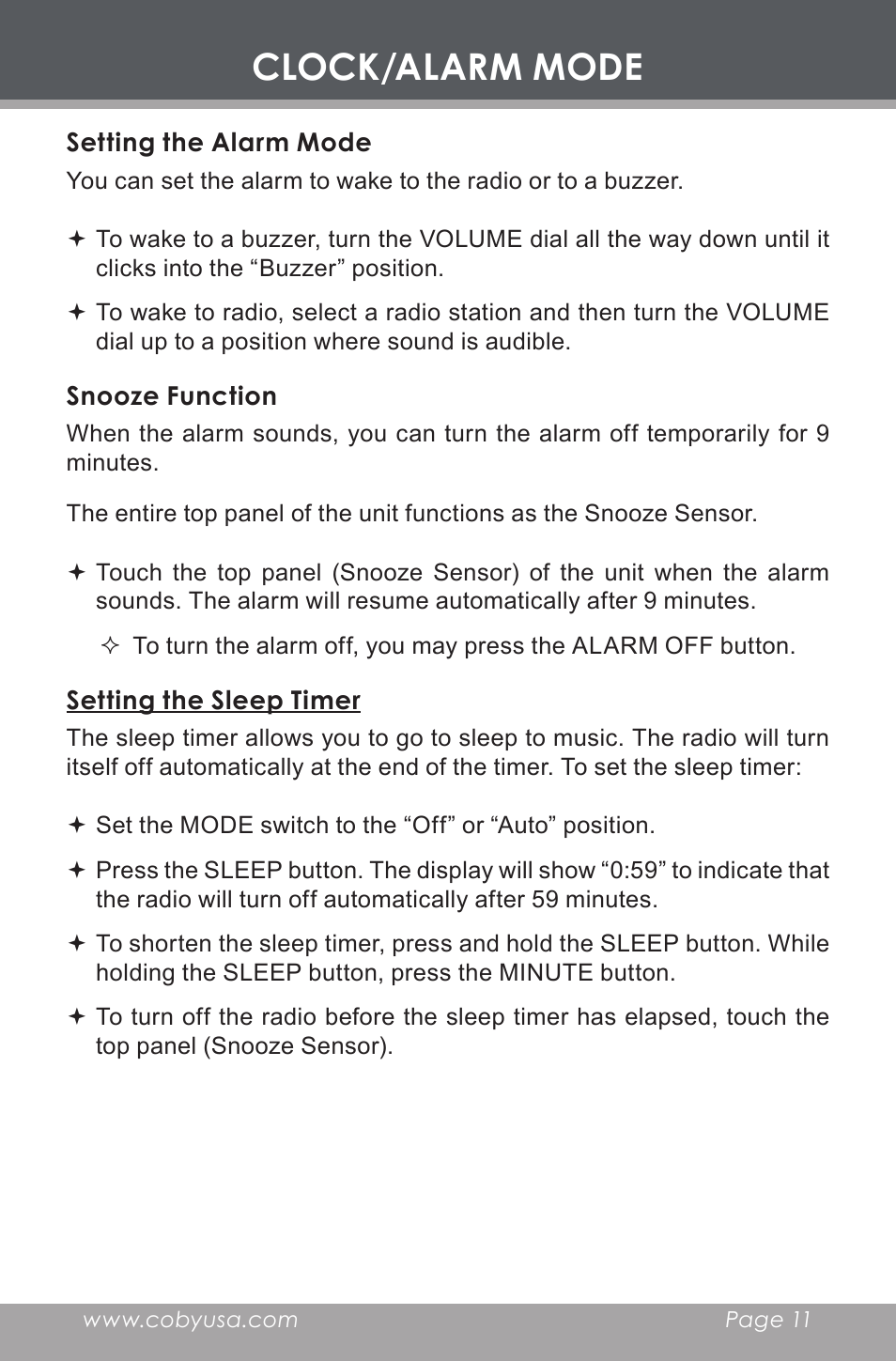 Setting the alarm mode, Snooze function, Setting the sleep timer | Clock/alarm mode | COBY electronic CR-A119 User Manual | Page 11 / 16