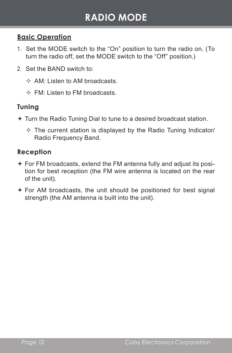 Radio mode, Basic operation, Tuning | Reception | COBY electronic CR-A119 User Manual | Page 12 / 16
