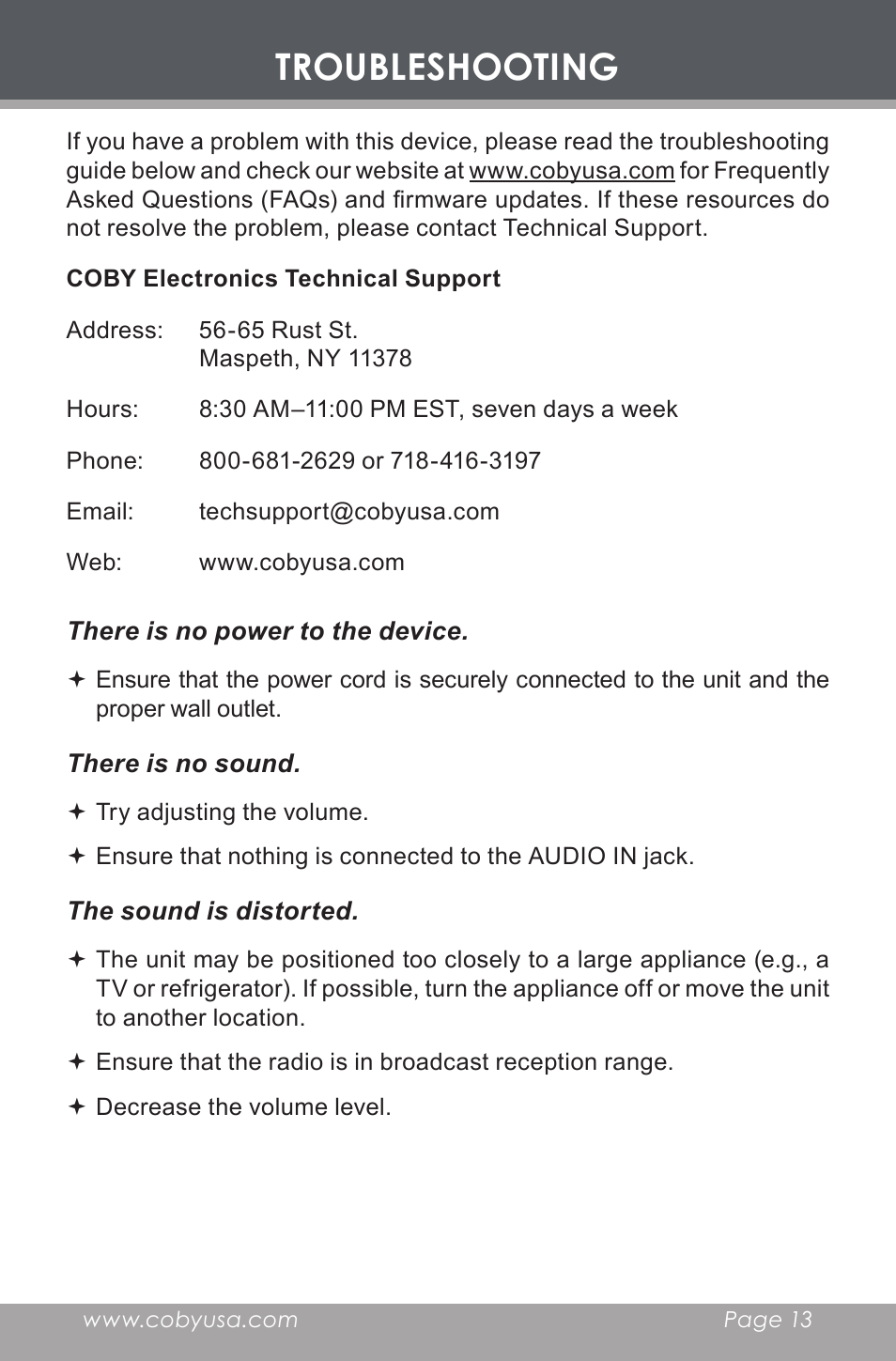 Troubleshooting | COBY electronic CR-A119 User Manual | Page 13 / 16