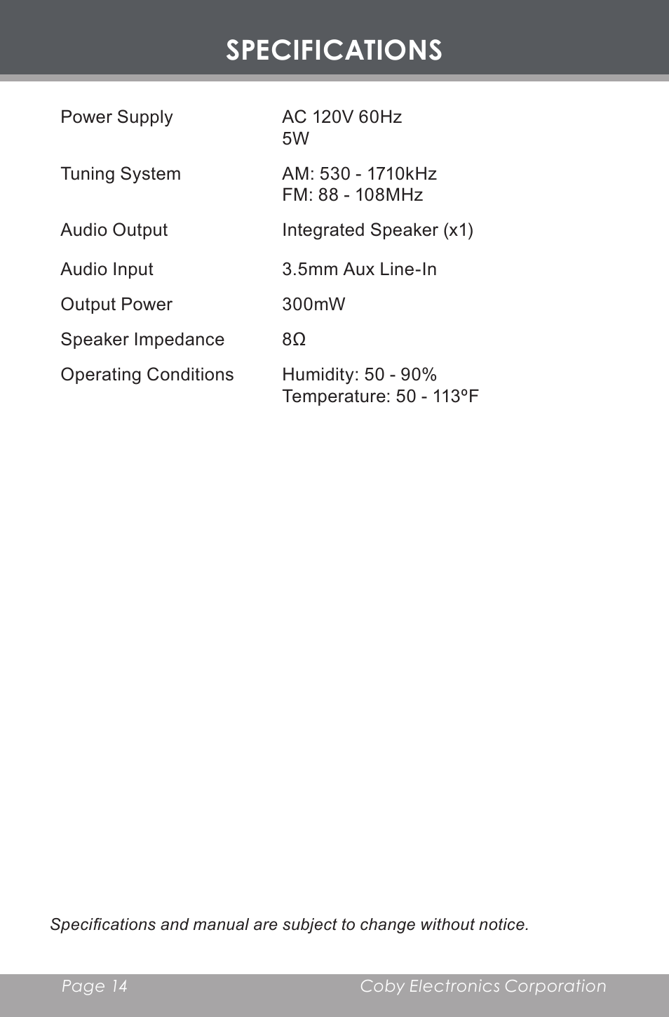 Specifications | COBY electronic CR-A119 User Manual | Page 14 / 16