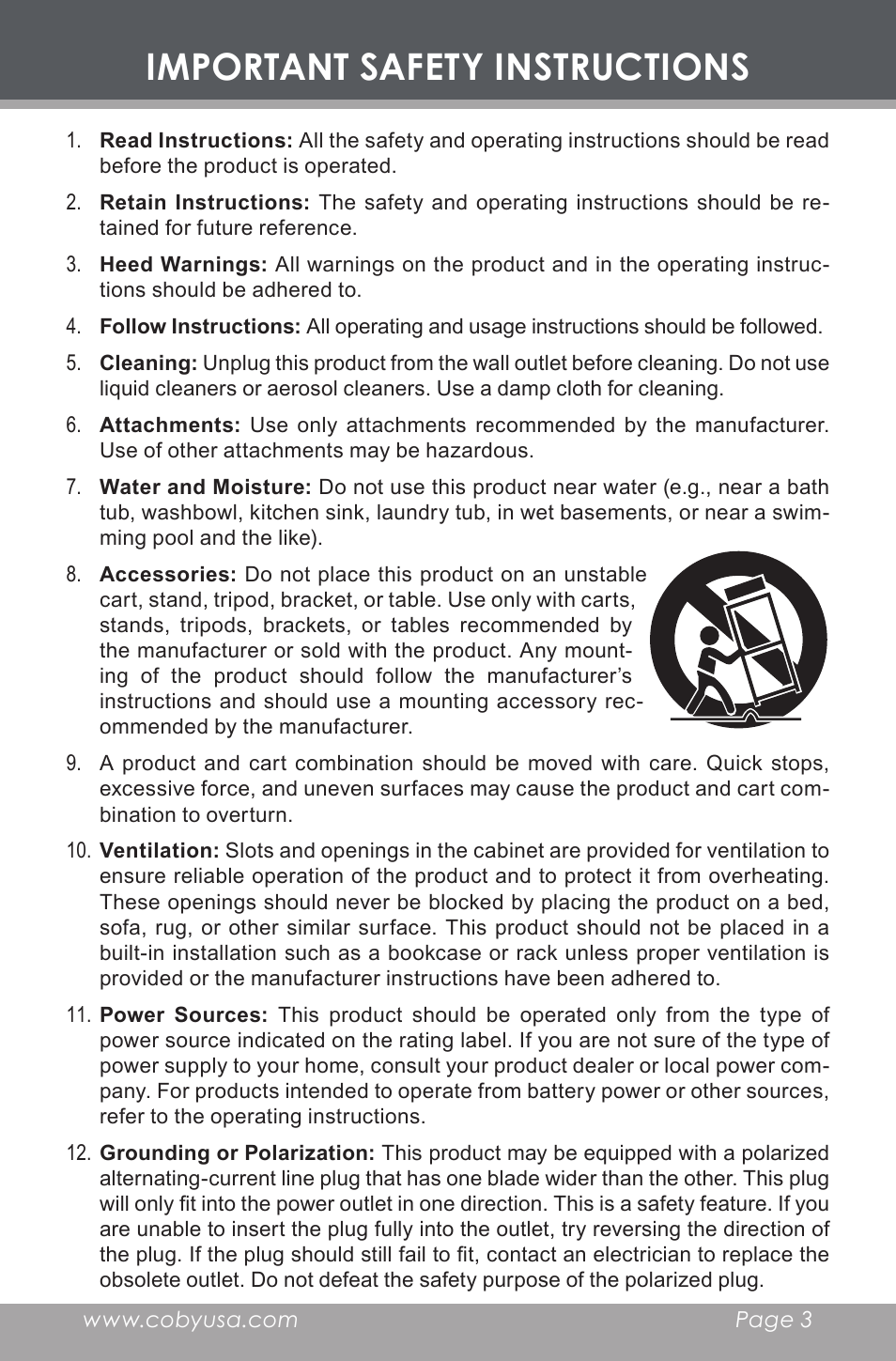 Important safety instructions | COBY electronic CR-A119 User Manual | Page 3 / 16