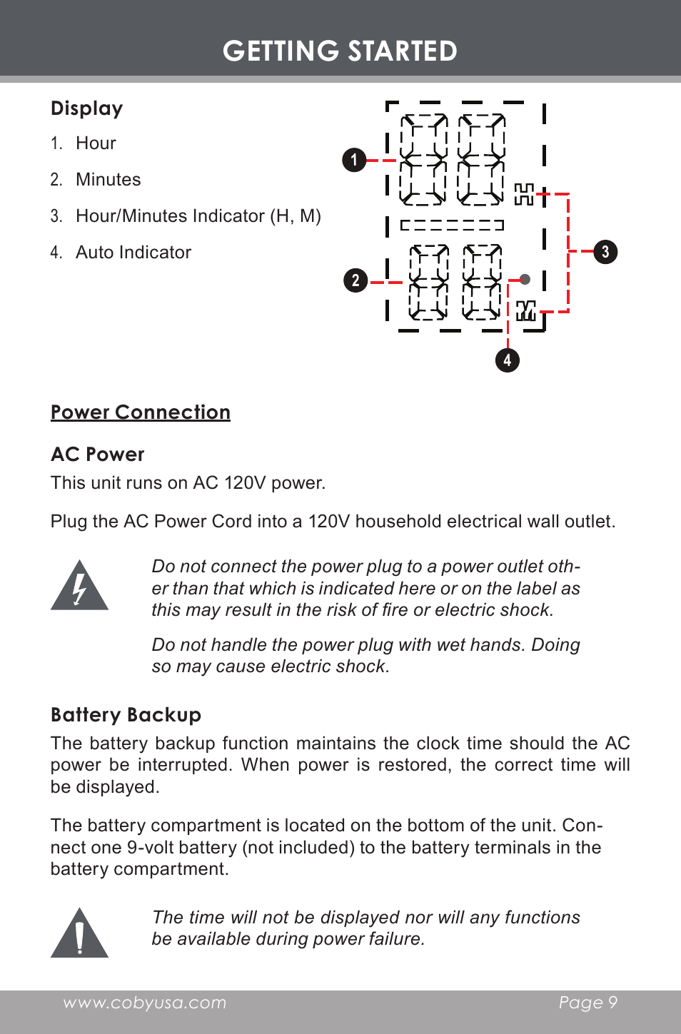 Display, Power connection, Ac power | Battery backup, Getting started | COBY electronic CR-A119 User Manual | Page 9 / 16