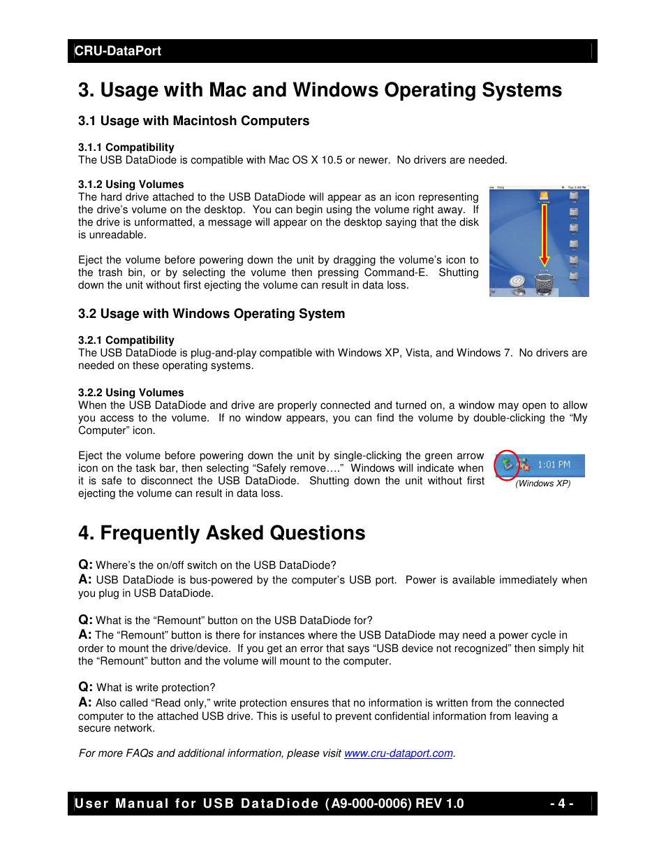 Usage with mac and windows operating systems, Frequently asked questions | CRU USB DataDiode User Manual | Page 4 / 5