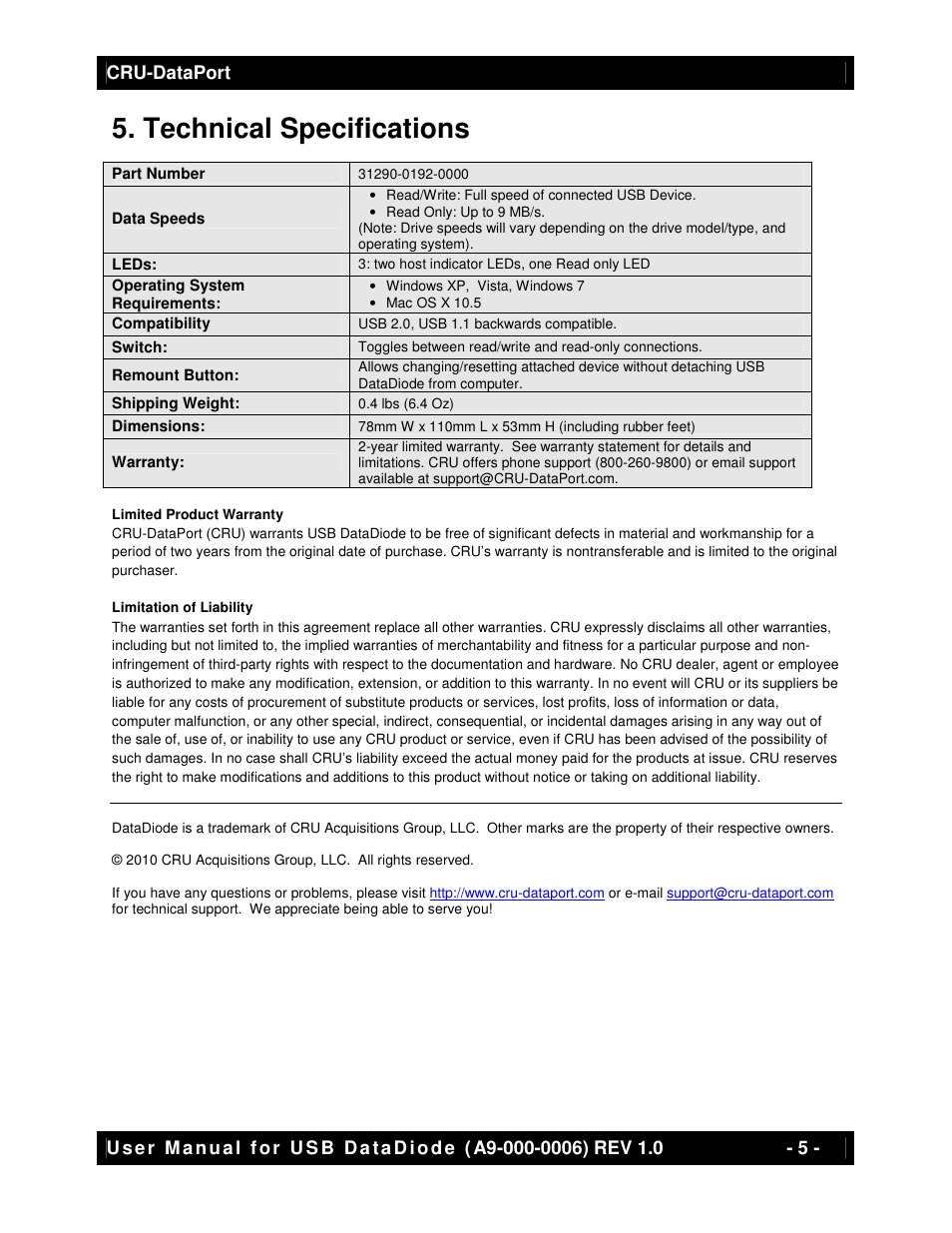 Technical specifications | CRU USB DataDiode User Manual | Page 5 / 5