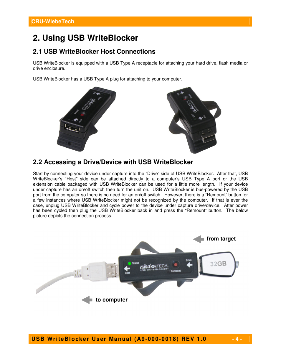 Using usb writeblocker, 1 usb writeblocker host connections, 2 accessing a drive/device with usb writeblocker | CRU USB WriteBlocker User Manual | Page 4 / 8