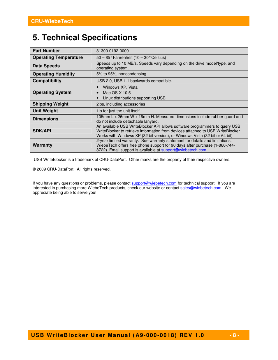 Technical specifications | CRU USB WriteBlocker User Manual | Page 8 / 8