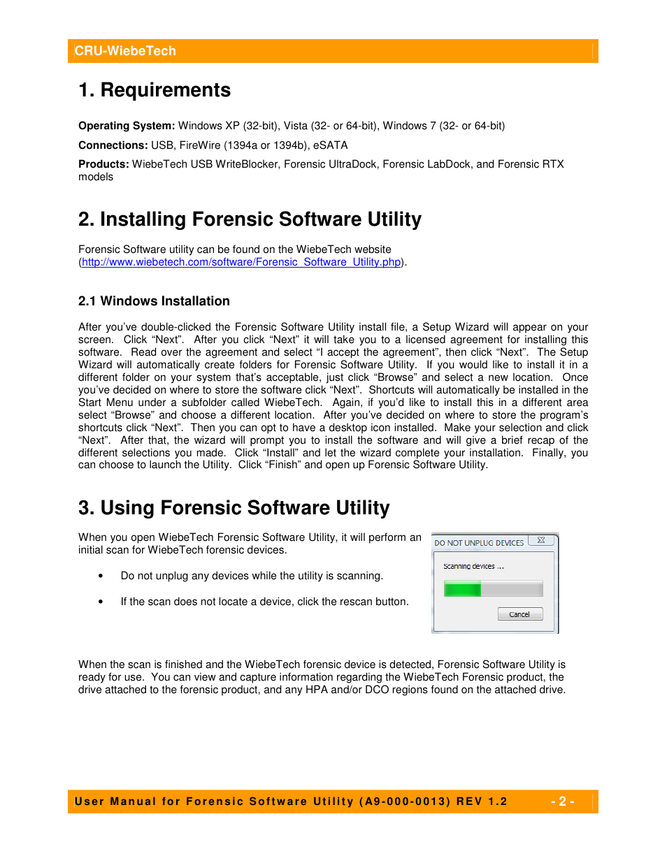 Requirements, Installing forensic software utility, Using forensic software utility | CRU USB WriteBlocker User Manual | Page 2 / 7