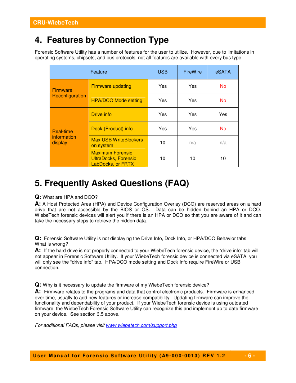 Features by connection type, Frequently asked questions (faq) | CRU USB WriteBlocker User Manual | Page 6 / 7