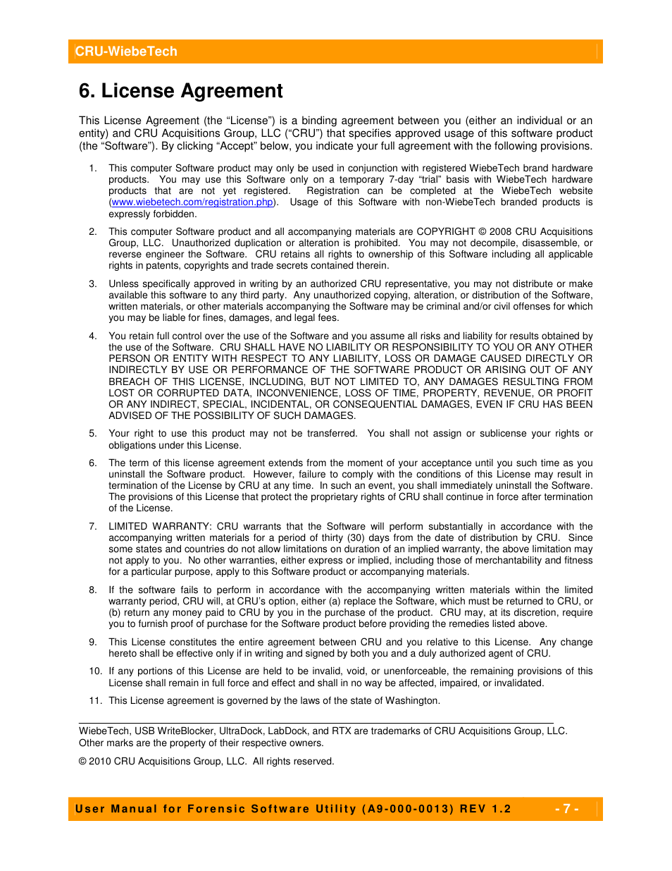 License agreement, Cru-wiebetech | CRU USB WriteBlocker User Manual | Page 7 / 7