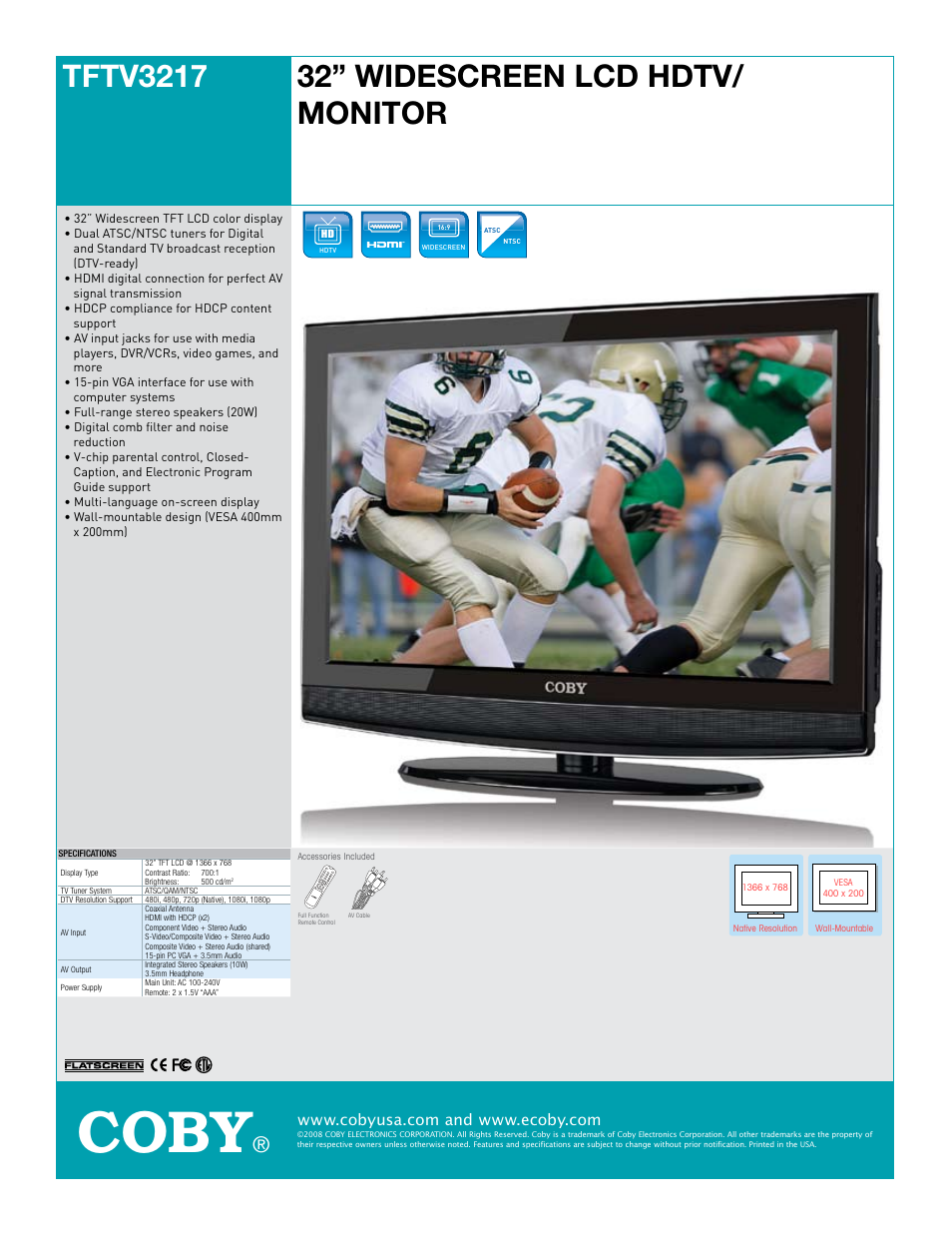 COBY electronic TFTV3217 User Manual | 1 page