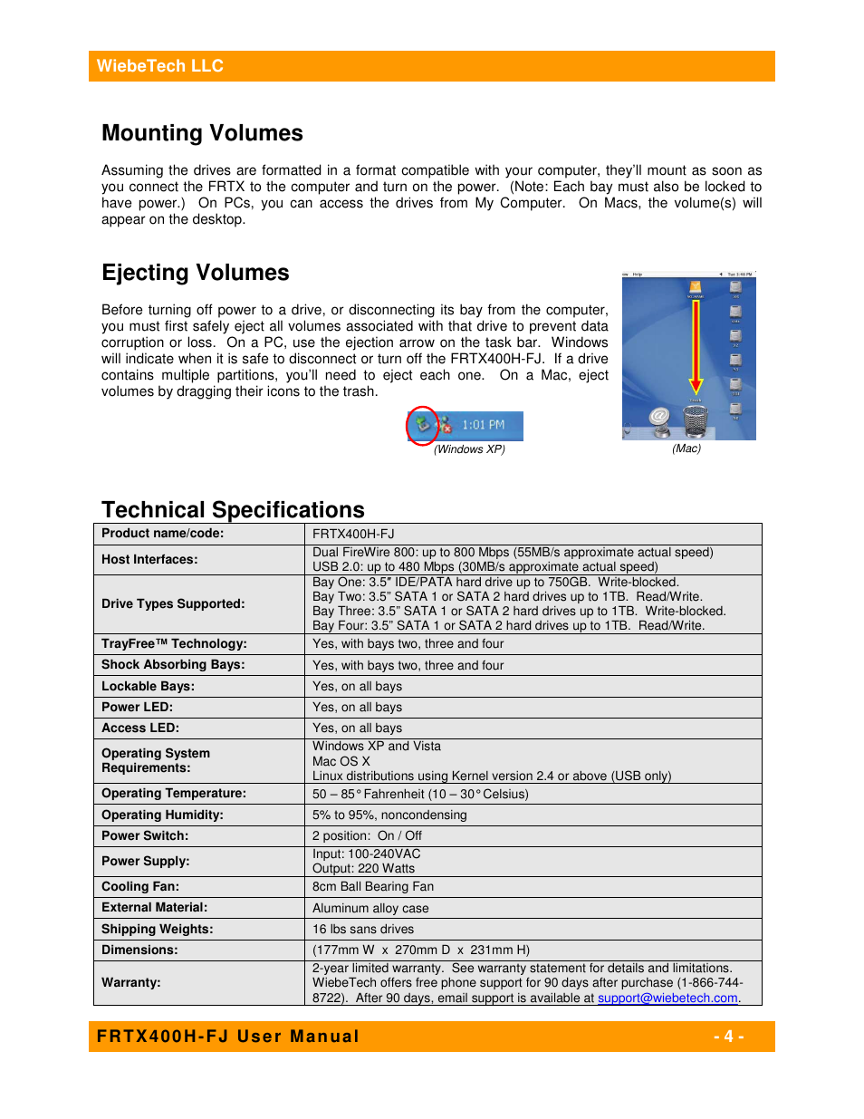 Mounting volumes, Ejecting volumes, Technical specifications | CRU Forensic RTX User Manual | Page 4 / 5