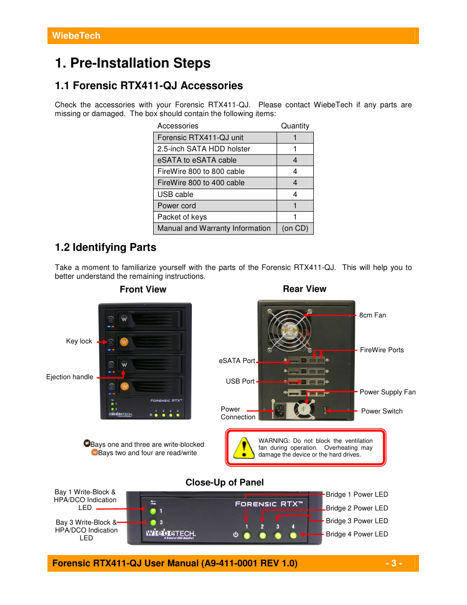 Pre-installation steps, 1 forensic rtx411-qj accessories, 2 identifying parts | CRU Forensic RTX User Manual | Page 3 / 9