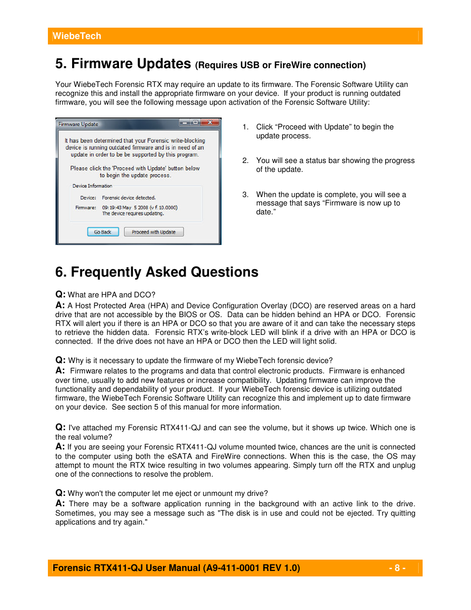 Firmware updates, Frequently asked questions | CRU Forensic RTX User Manual | Page 8 / 9