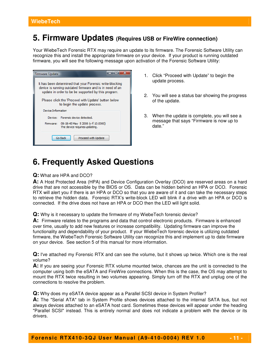 Firmware updates, Frequently asked questions | CRU Forensic RTX User Manual | Page 11 / 12