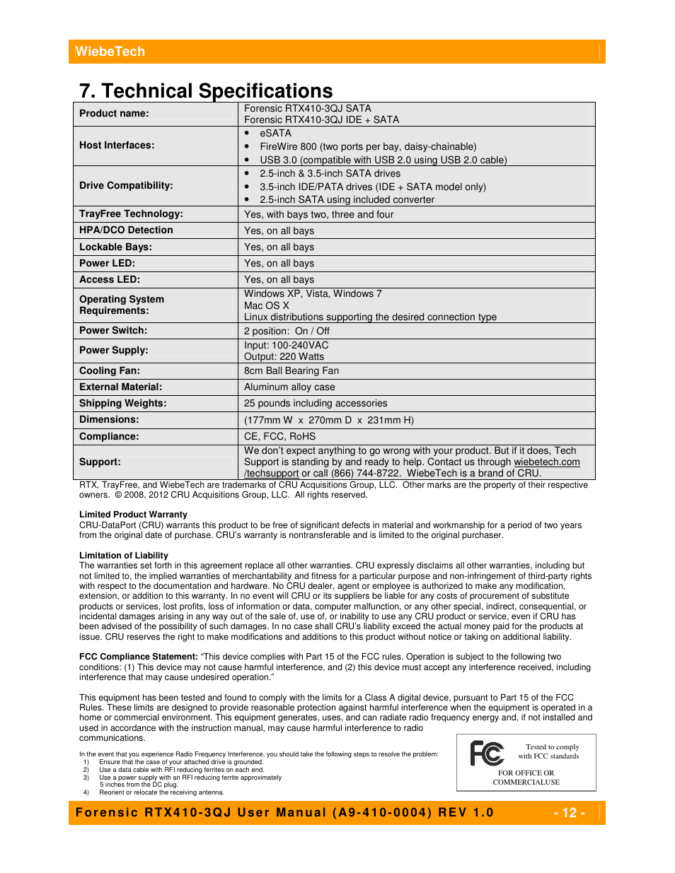 Technical specifications, Wiebetech | CRU Forensic RTX User Manual | Page 12 / 12