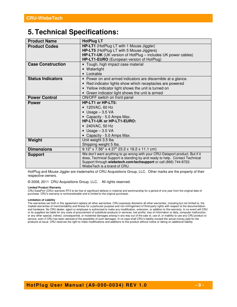 Technical specifications | CRU HotPlug Field Kit User Manual | Page 9 / 9