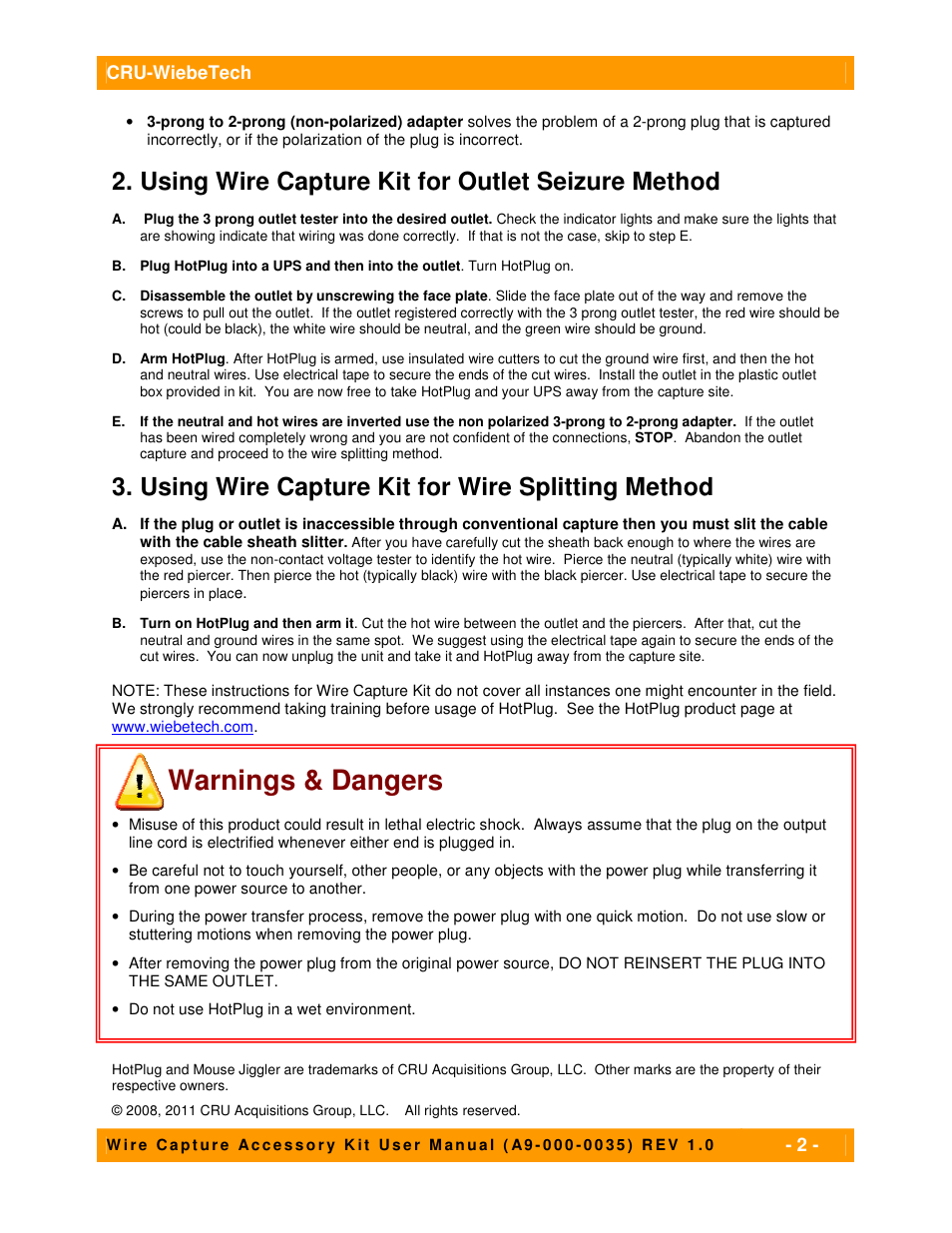 Warnings & dangers, Using wire capture kit for outlet seizure method, Using wire capture kit for wire splitting method | Cru-wiebetech | CRU HotPlug Field Kit User Manual | Page 2 / 2