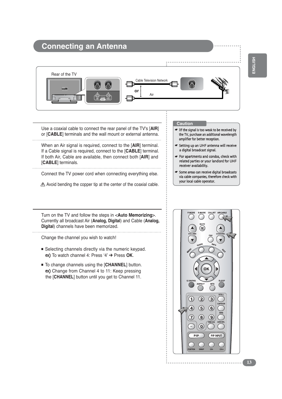 Connecting an antenna, 12 3 connecting an antenna, 12 viewing air channels | COBY electronic TF-TV3709 User Manual | Page 13 / 44