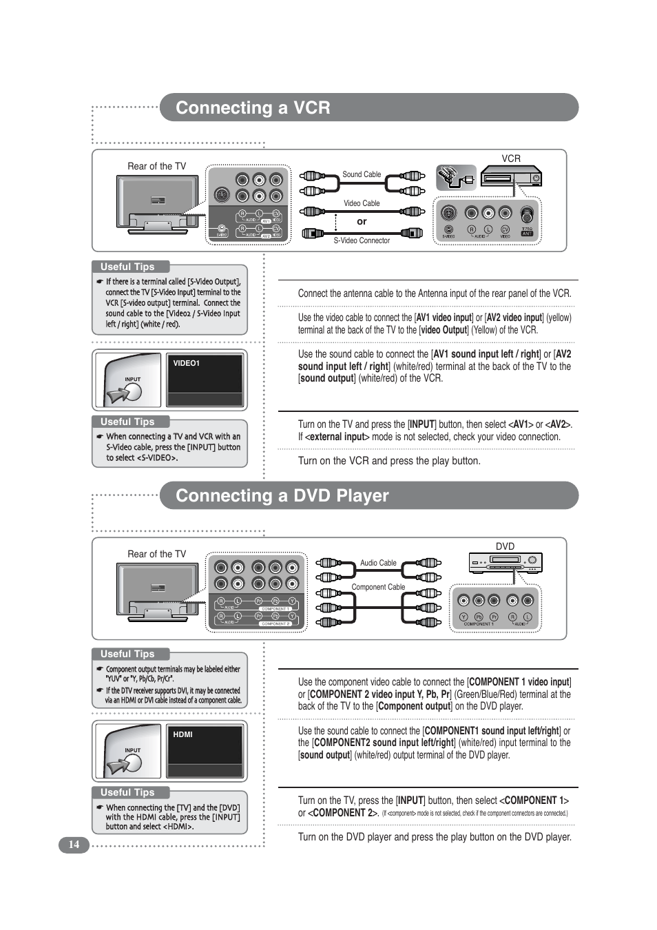 Connecting a vcr, Connecting a dvd player, 12 3 connecting the video / sound cables | 12 watching a vcr, 12 connecting to a dvd player, 12 viewing a dvd | COBY electronic TF-TV3709 User Manual | Page 14 / 44