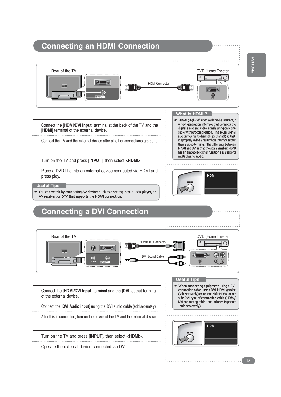 Connecting an hdmi connection, Connecting a dvi connection, 12 watching hdmi | Connecting via hdmi, 12 watching via the dvi connector, Connecting via dvi | COBY electronic TF-TV3709 User Manual | Page 15 / 44