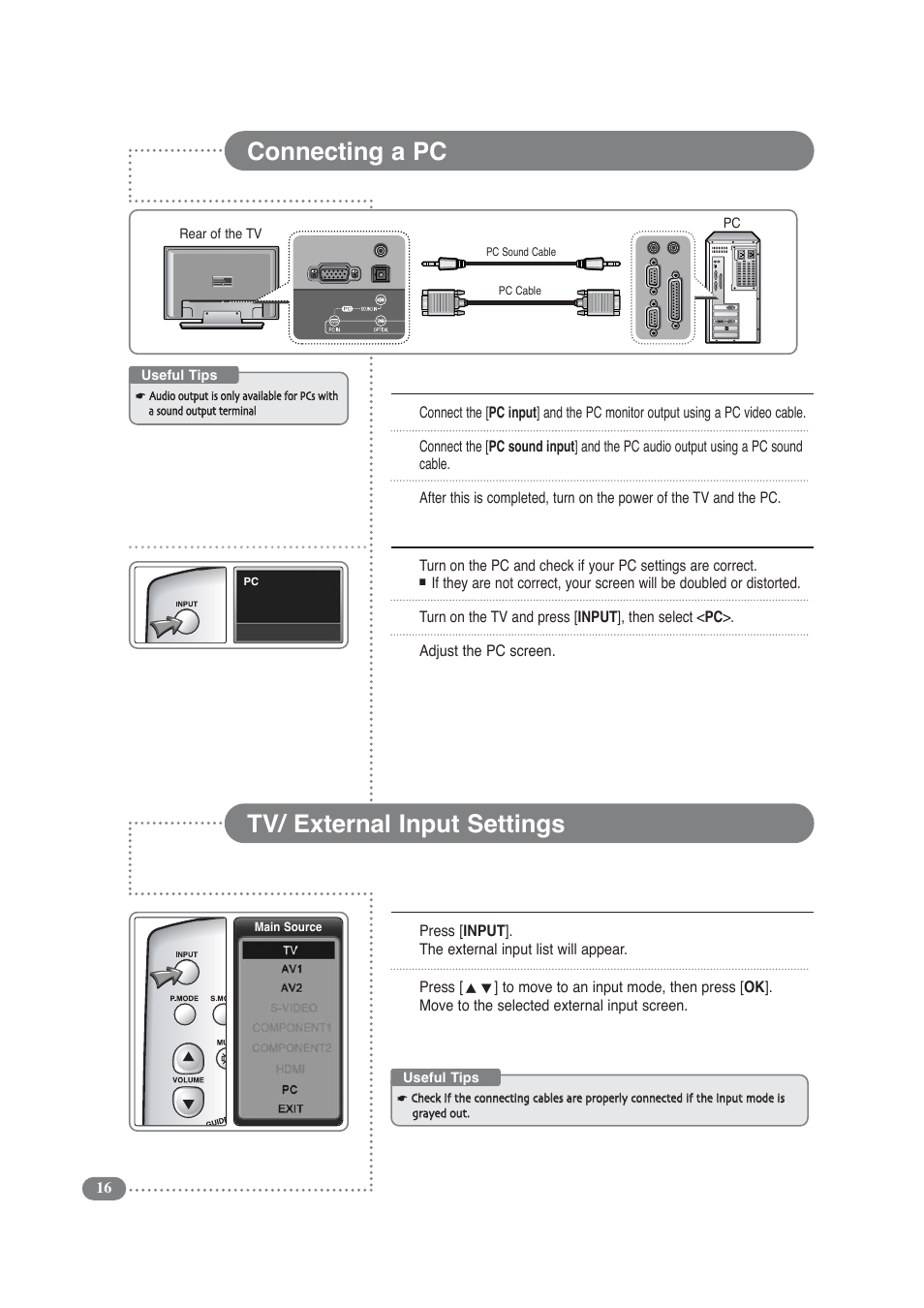 Connecting a pc, Tv/ external input settings, 12 3 connecting a pc | 12 3 watching a pc screen on a tv | COBY electronic TF-TV3709 User Manual | Page 16 / 44