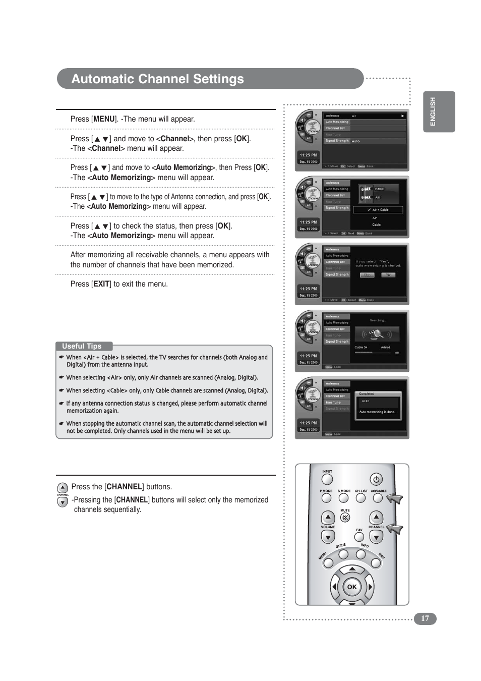 Automatic channel settings | COBY electronic TF-TV3709 User Manual | Page 17 / 44