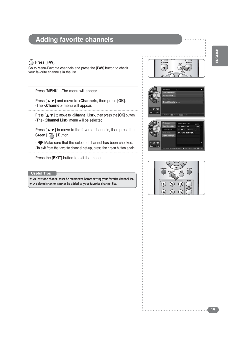 Adding favorite channels | COBY electronic TF-TV3709 User Manual | Page 19 / 44