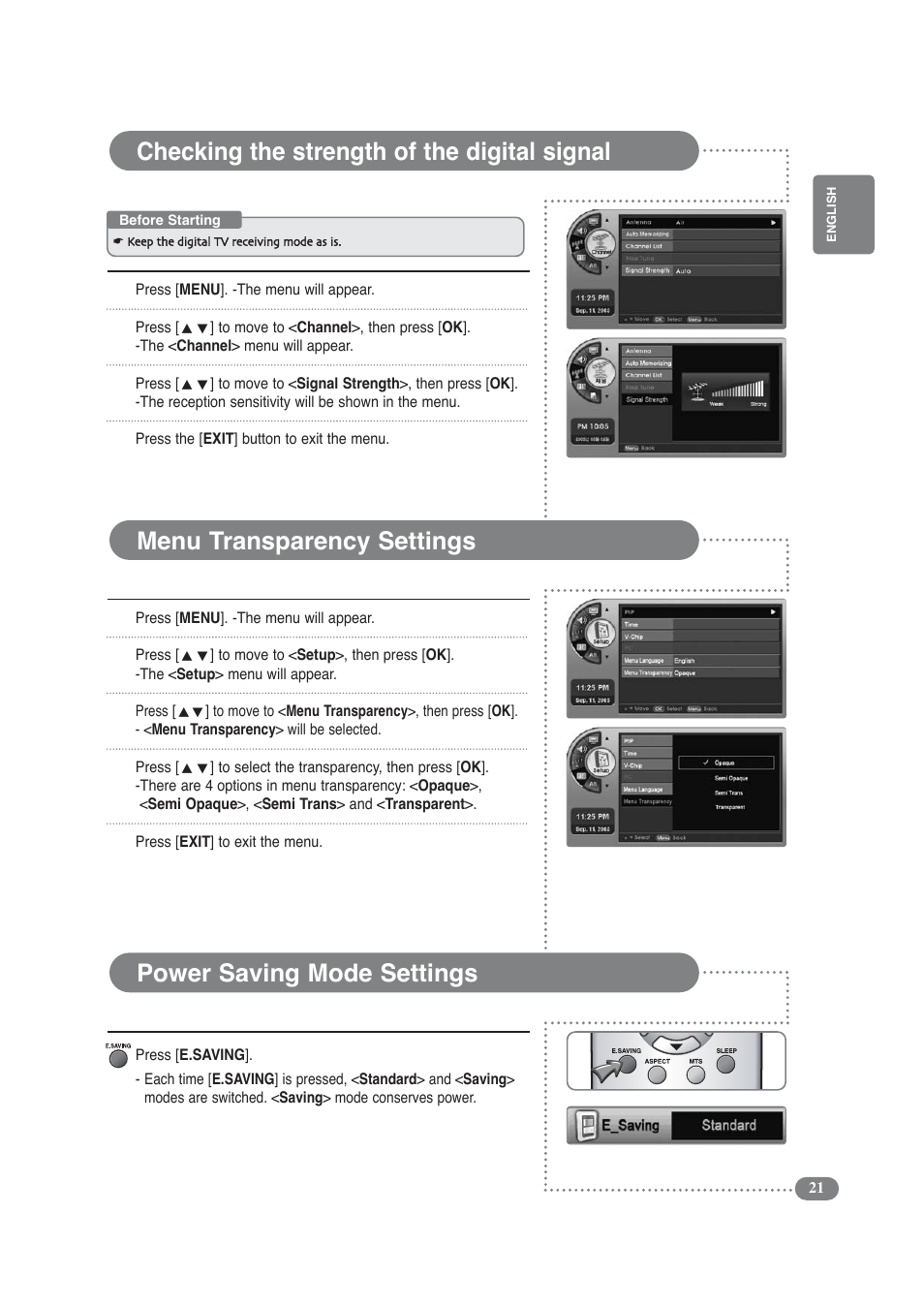 Checking the strength of the digital signal, Menu transparency settings, Power saving mode settings | COBY electronic TF-TV3709 User Manual | Page 21 / 44